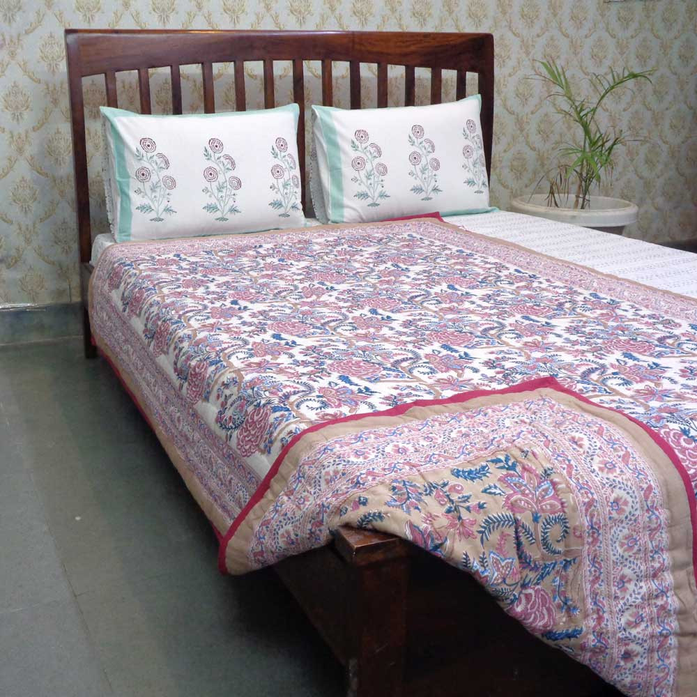 Hand Block Printed Cotton Twin Size Quilt Bela Maroon 303588