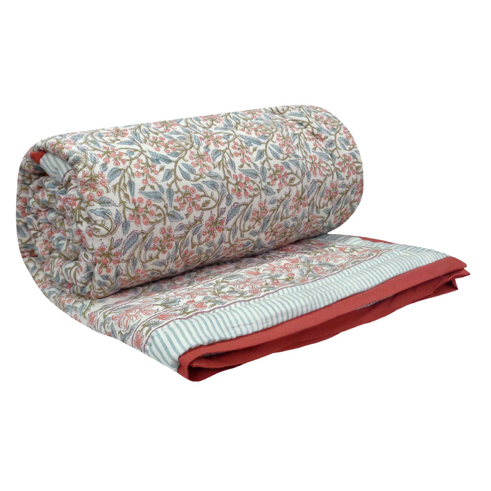 Image of Hand Block Printed Cotton Twin Size Quilt | Berry Pink 106128