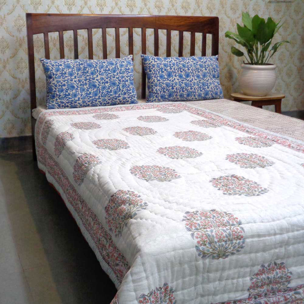 Hand Block Printed Cotton Twin Size Quilt Berry Pink 106128