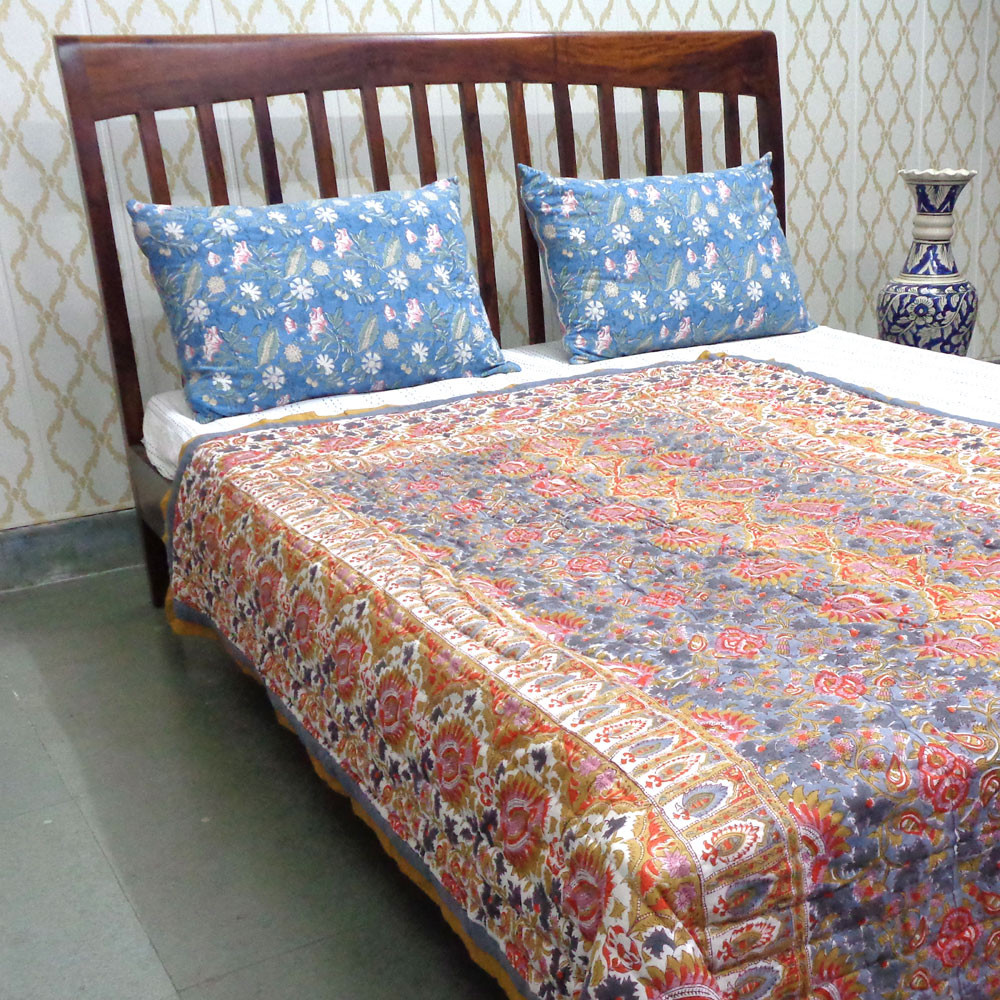 Hand Block Printed Cotton Twin Size Quilt Bird Of Paradise Gud 204347