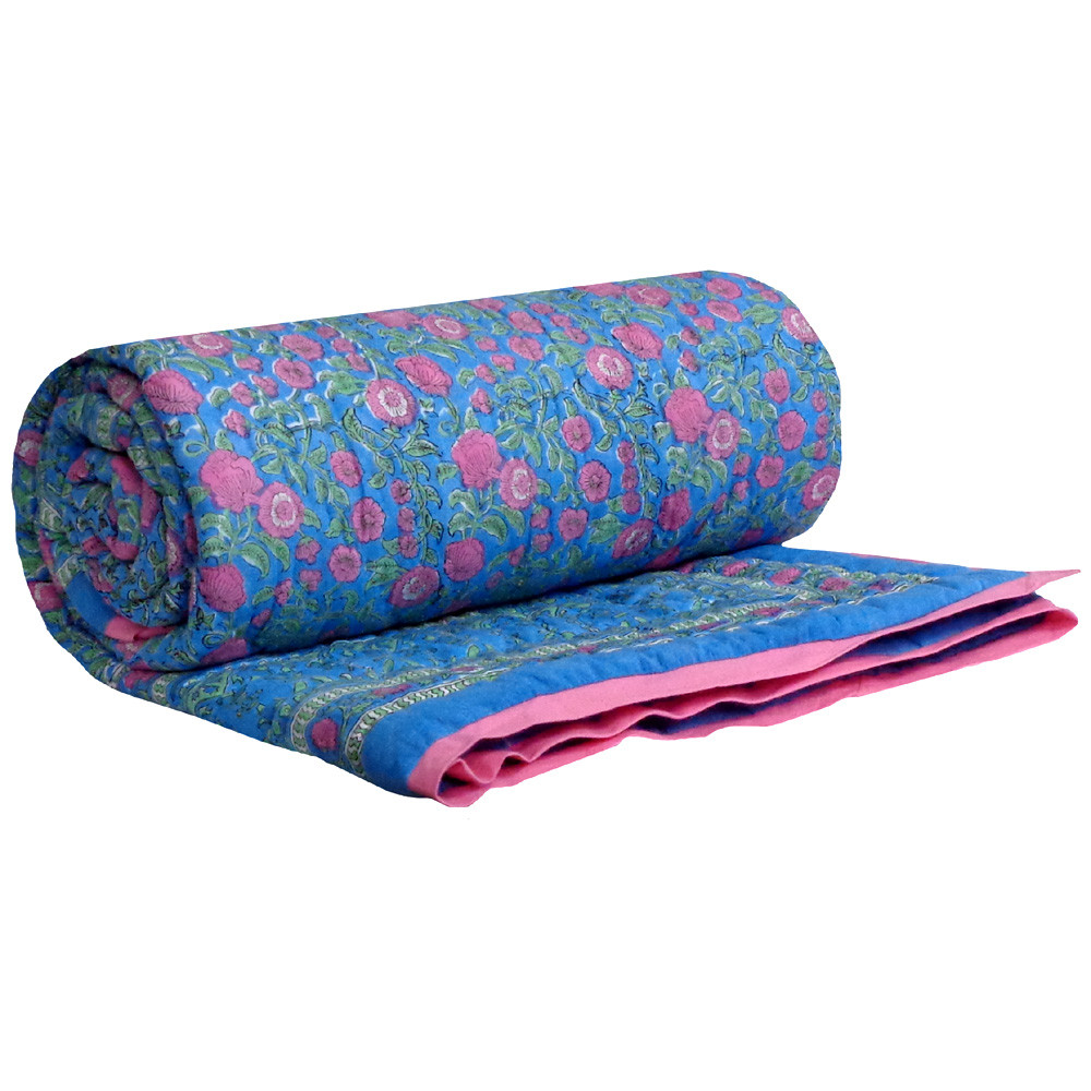 Hand Block Printed Cotton Twin Size Quilt Blue Pink Blossom 701397