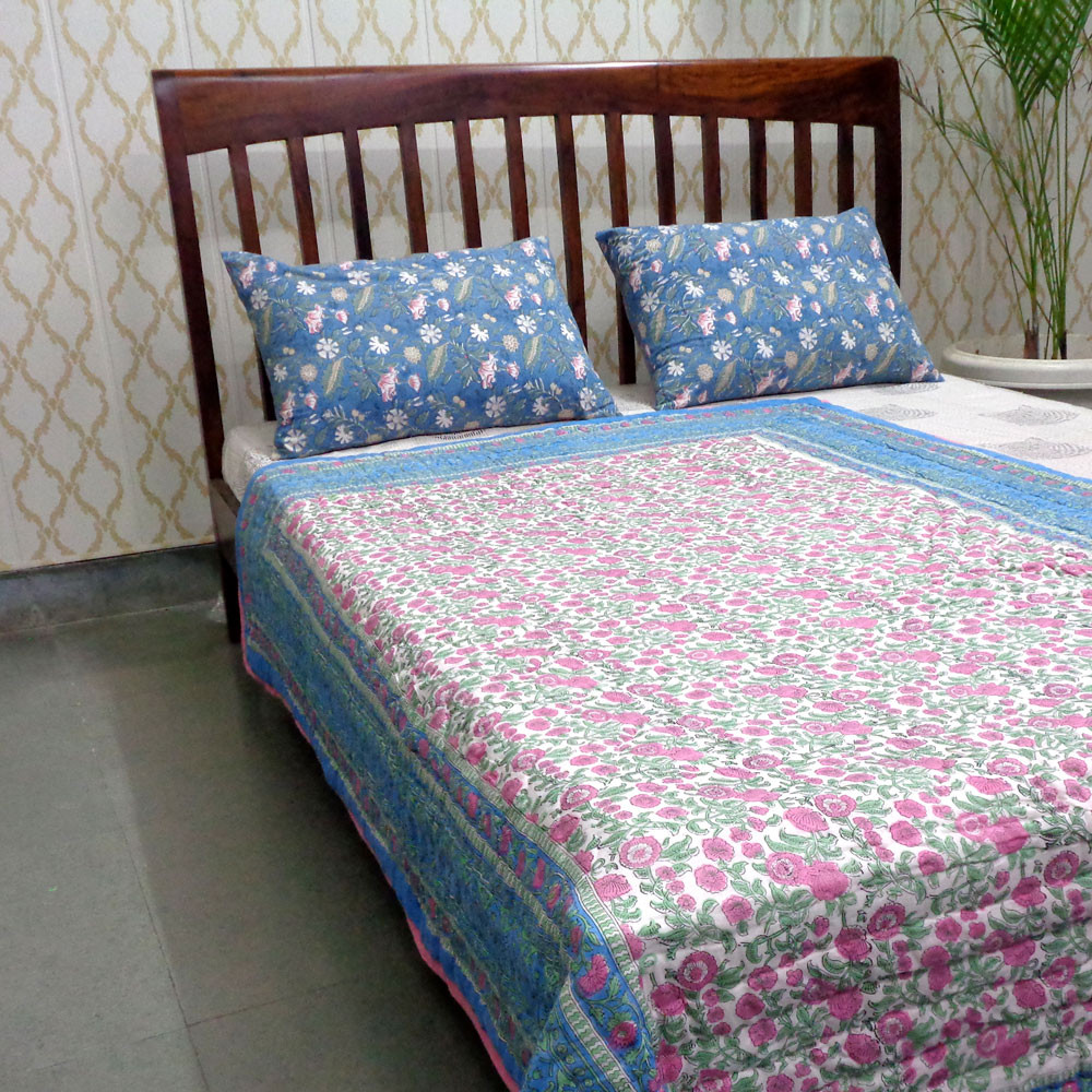 Hand Block Printed Cotton Twin Size Quilt Blue Pink Blossom 701397
