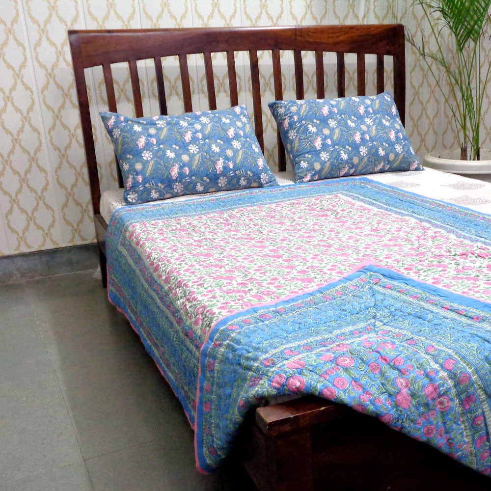 Hand Block Printed Cotton Twin Size Quilt Blue Pink Blossom 701397