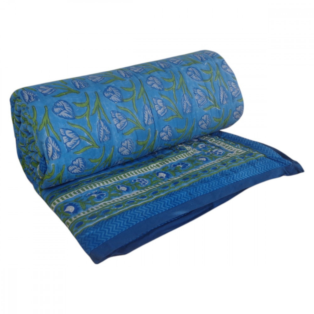 Image of Hand Block Printed Cotton Twin Size Quilt | Blue Tulip 601675
