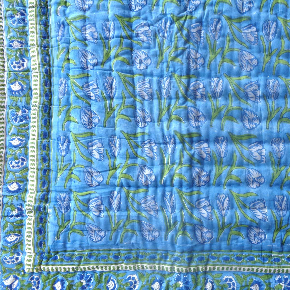 Hand Block Printed Cotton Twin Size Quilt Blue Tulip 601675