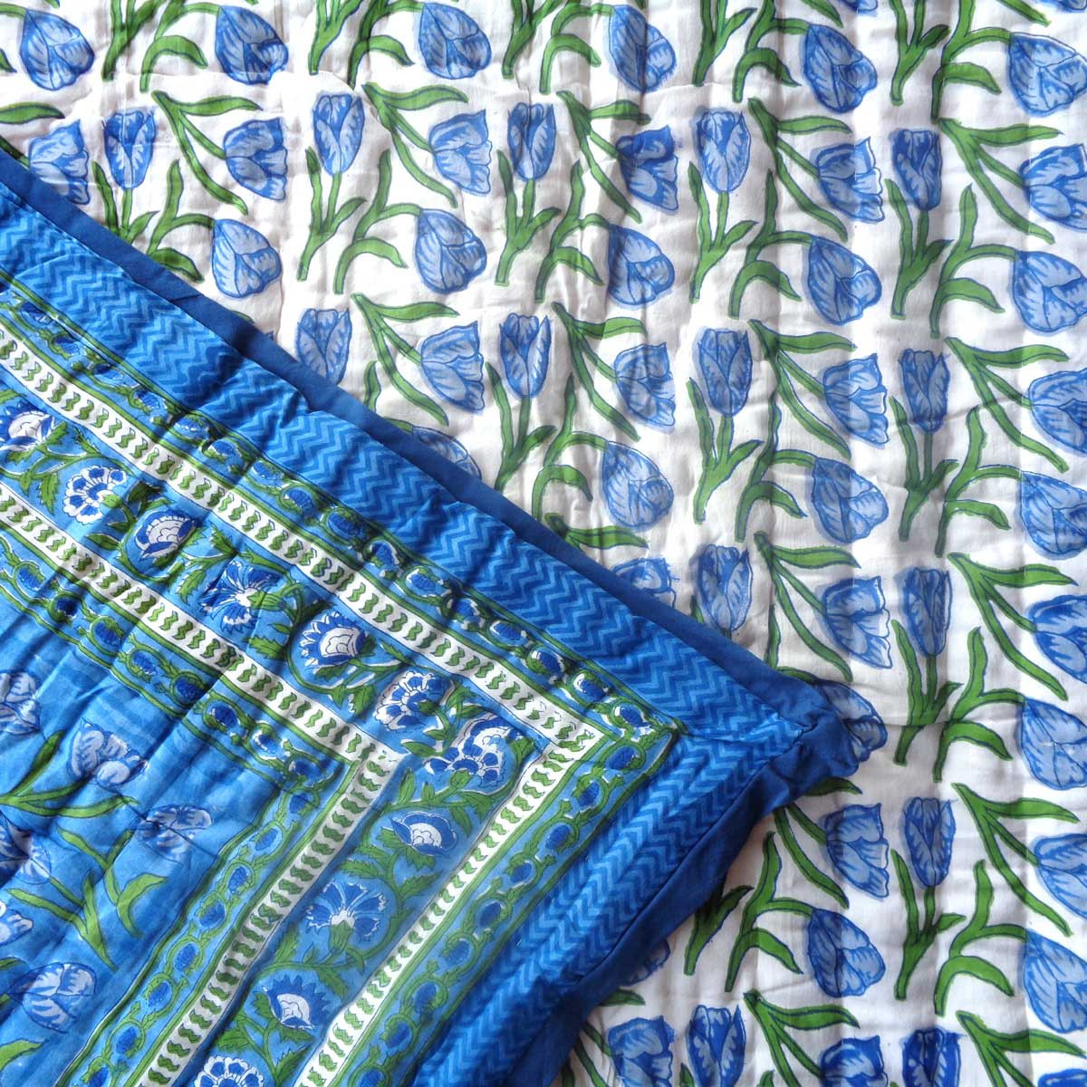 Hand Block Printed Cotton Twin Size Quilt Blue Tulip 601675