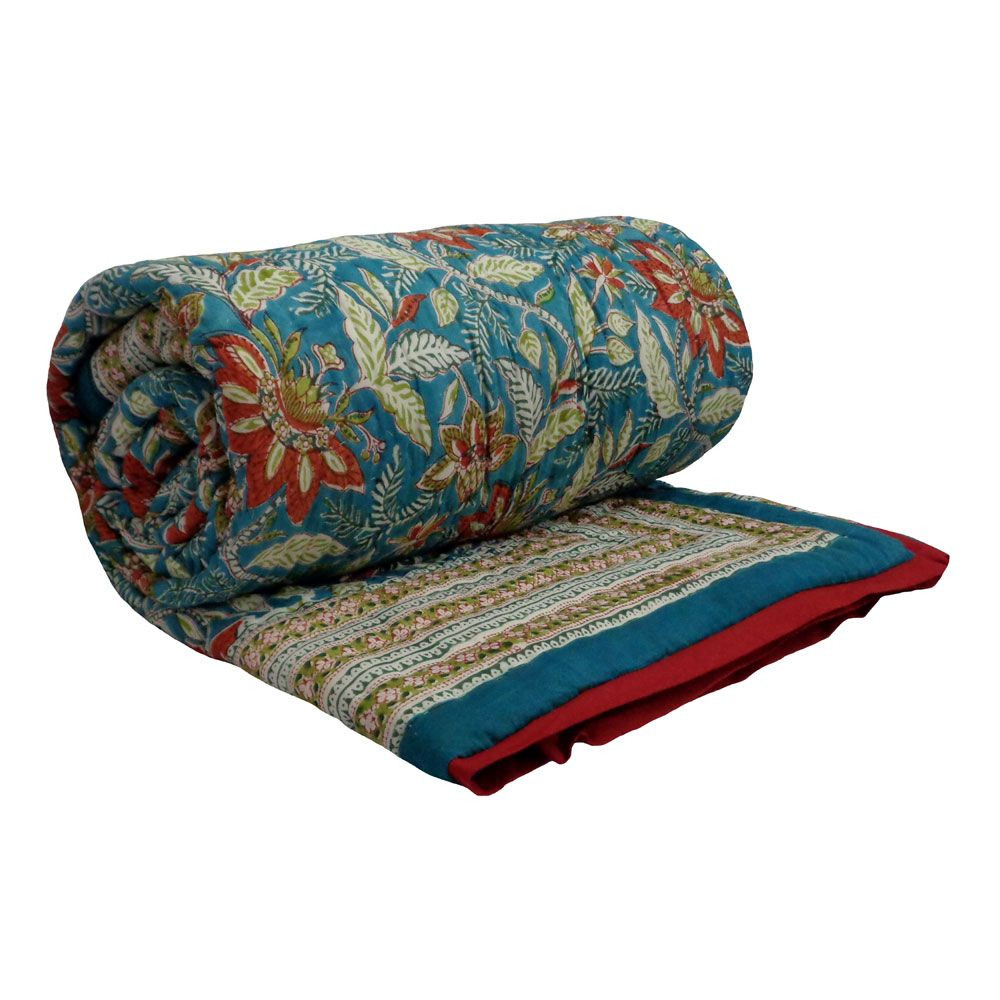 Hand Block Printed Cotton Twin Size Quilt Bossanova Green Gud 393939