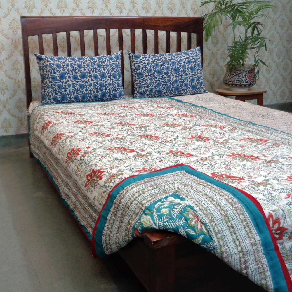 Hand Block Printed Cotton Twin Size Quilt Bossanova Green Gud 393939