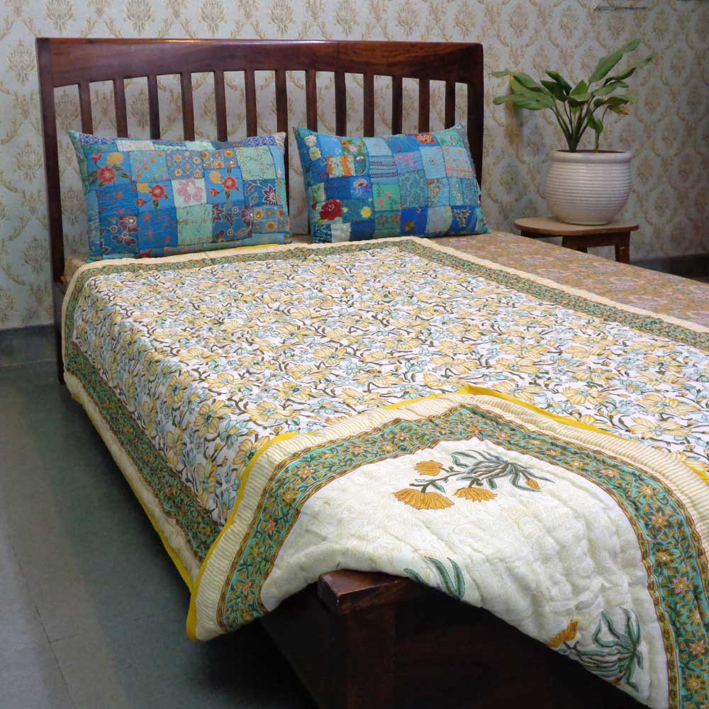 Hand Block Printed Cotton Twin Size Quilt Champa Kali 204564