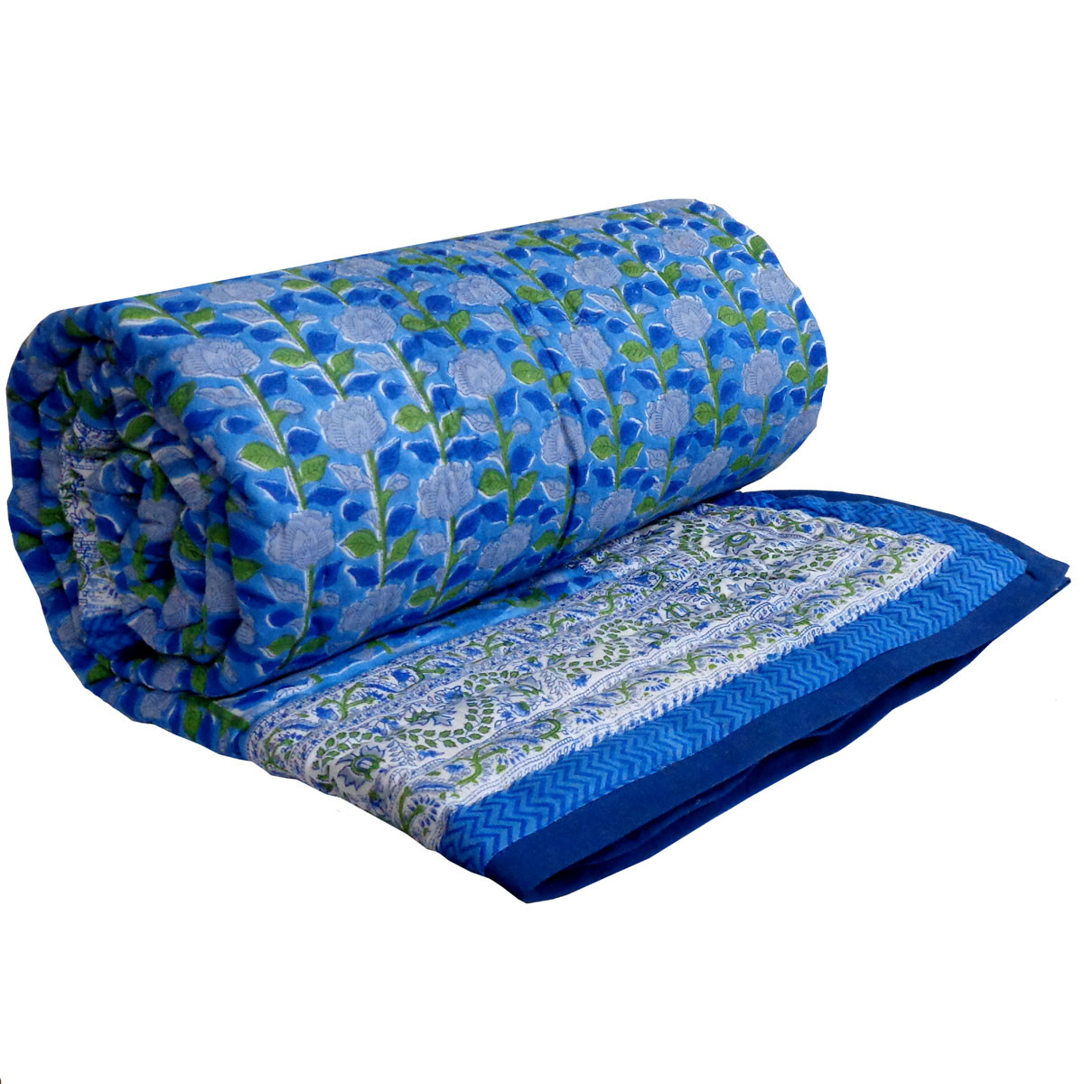 Hand Block Printed Cotton Twin Size Quilt Climbing Flower Blue 500930