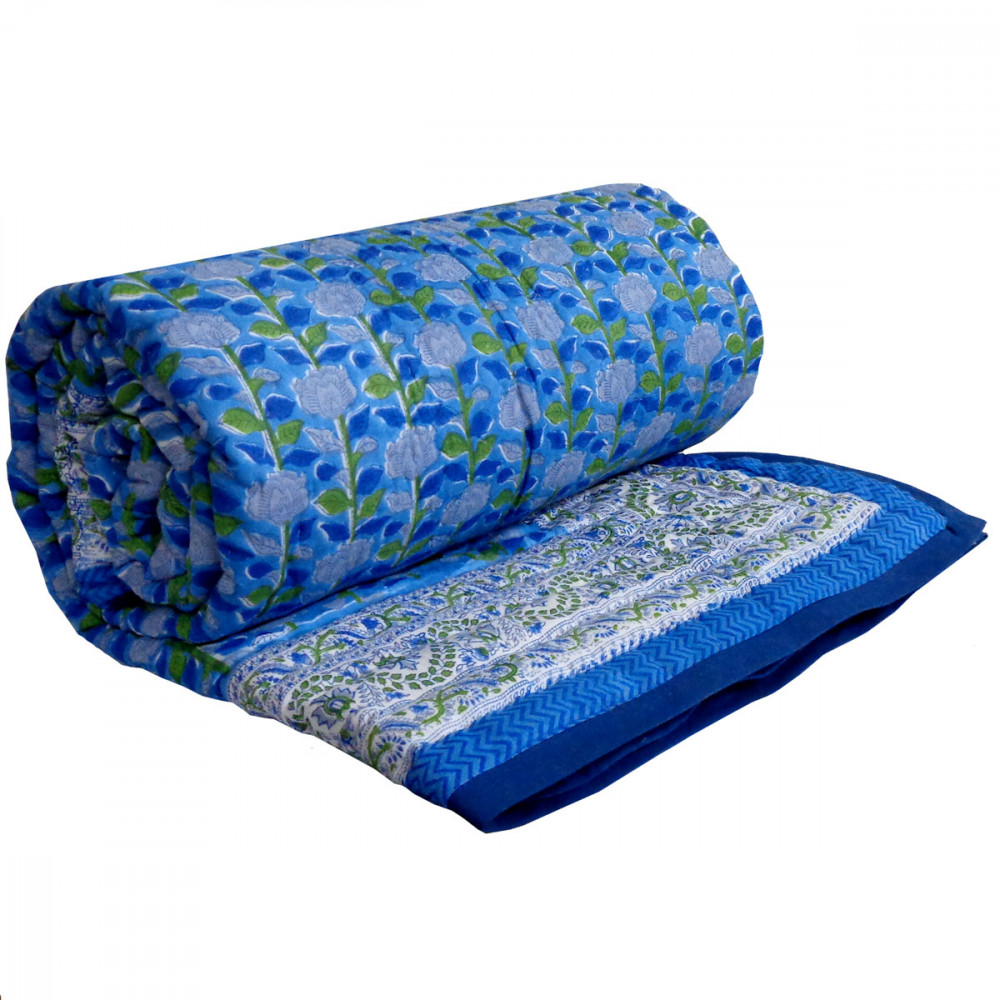 Image of Hand Block Printed Cotton Twin Size Quilt | Climbing Flower Blue 500930