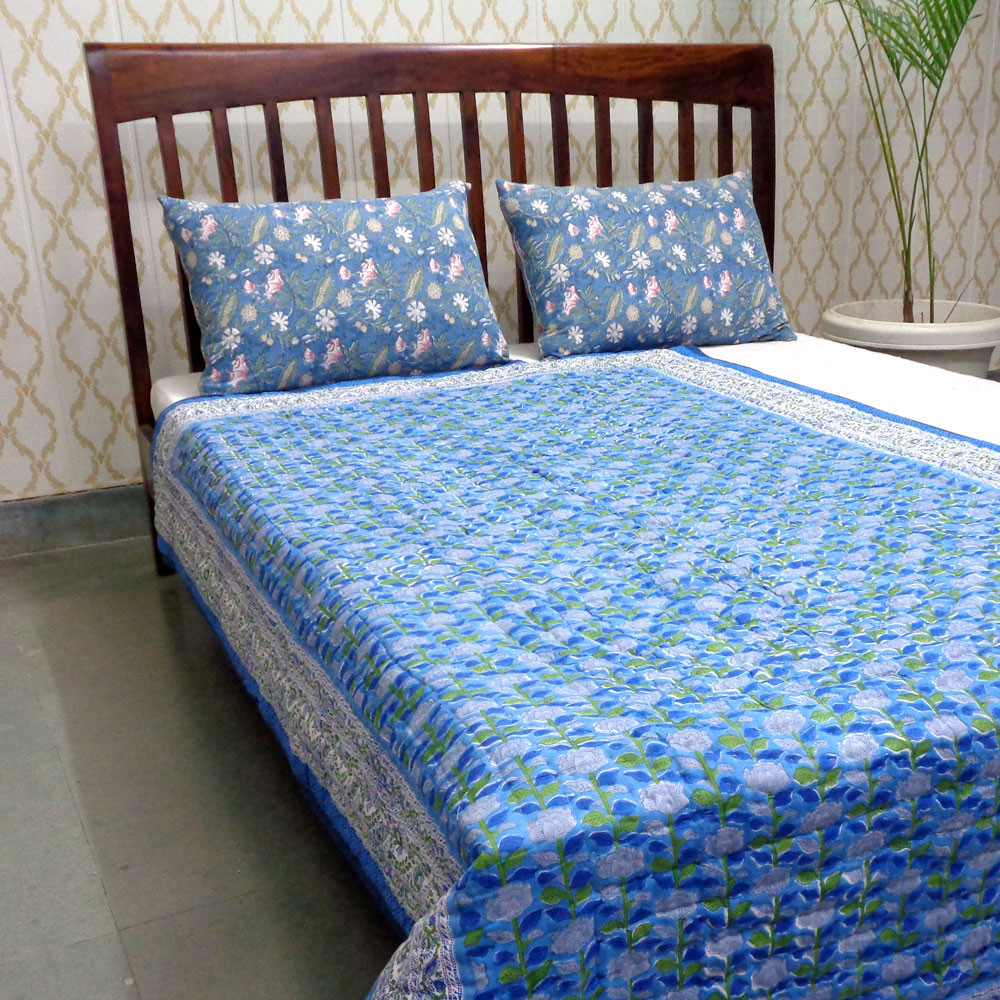 Hand Block Printed Cotton Twin Size Quilt Climbing Flower Blue 500930