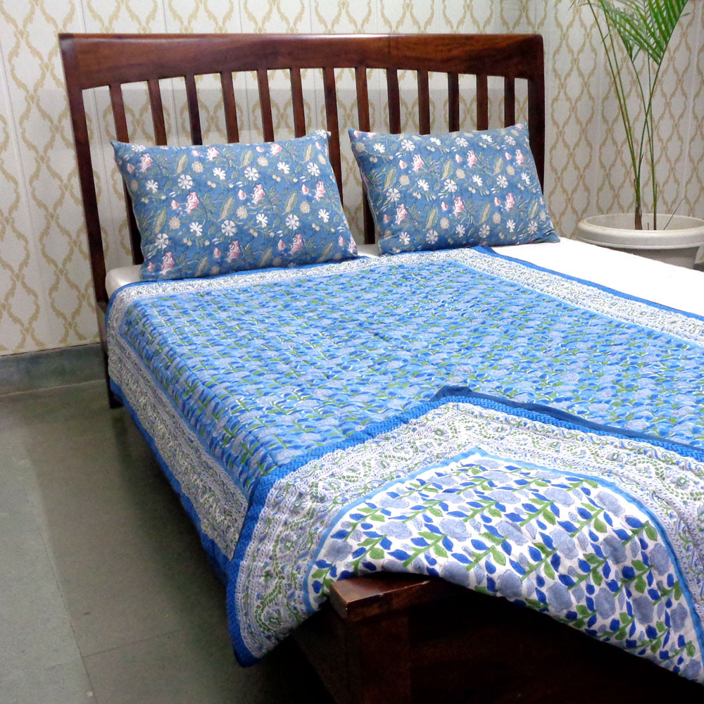 Hand Block Printed Cotton Twin Size Quilt Climbing Flower Blue 500930