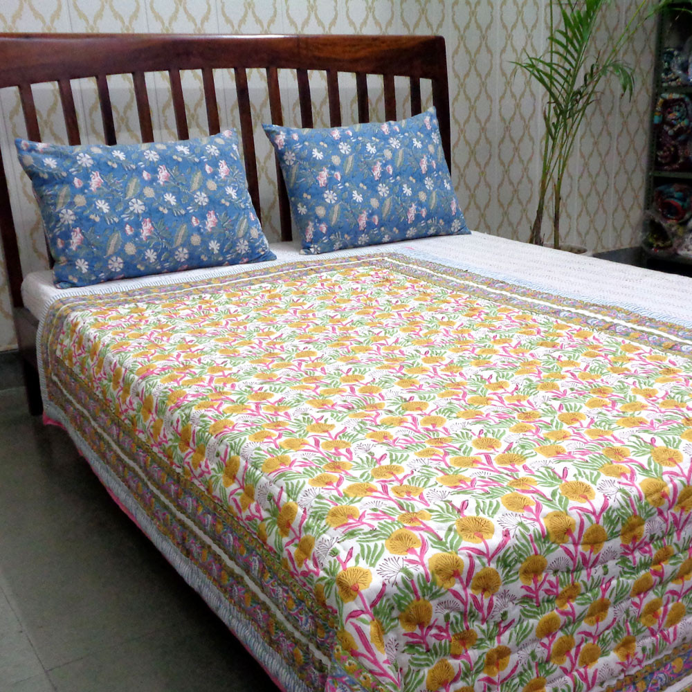 Hand Block Printed Cotton Twin Size Quilt Dandilion Cornflower 605167