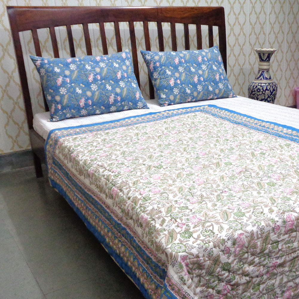 Hand Block Printed Cotton Twin Size Quilt Dilrus Moonlight 906210