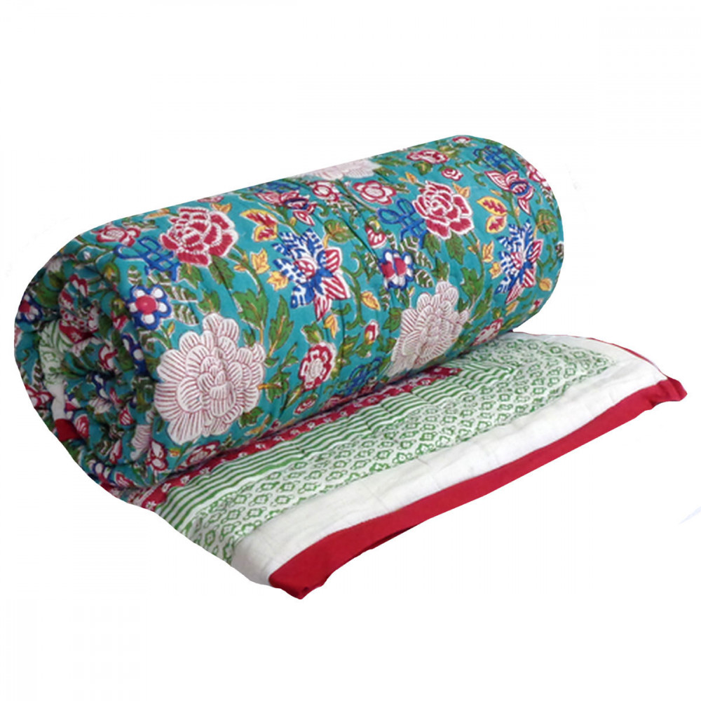 Image of Hand Block Printed Cotton Twin Size Quilt | Floral Canvas Blue Jade Gud Red 206865