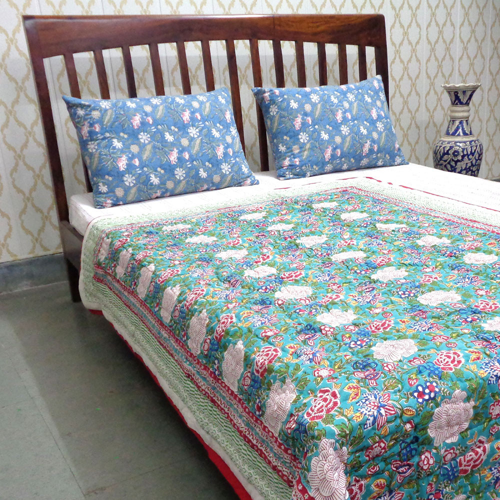 Hand Block Printed Cotton Twin Size Quilt Floral Canvas Blue Jade Gud Red 206865