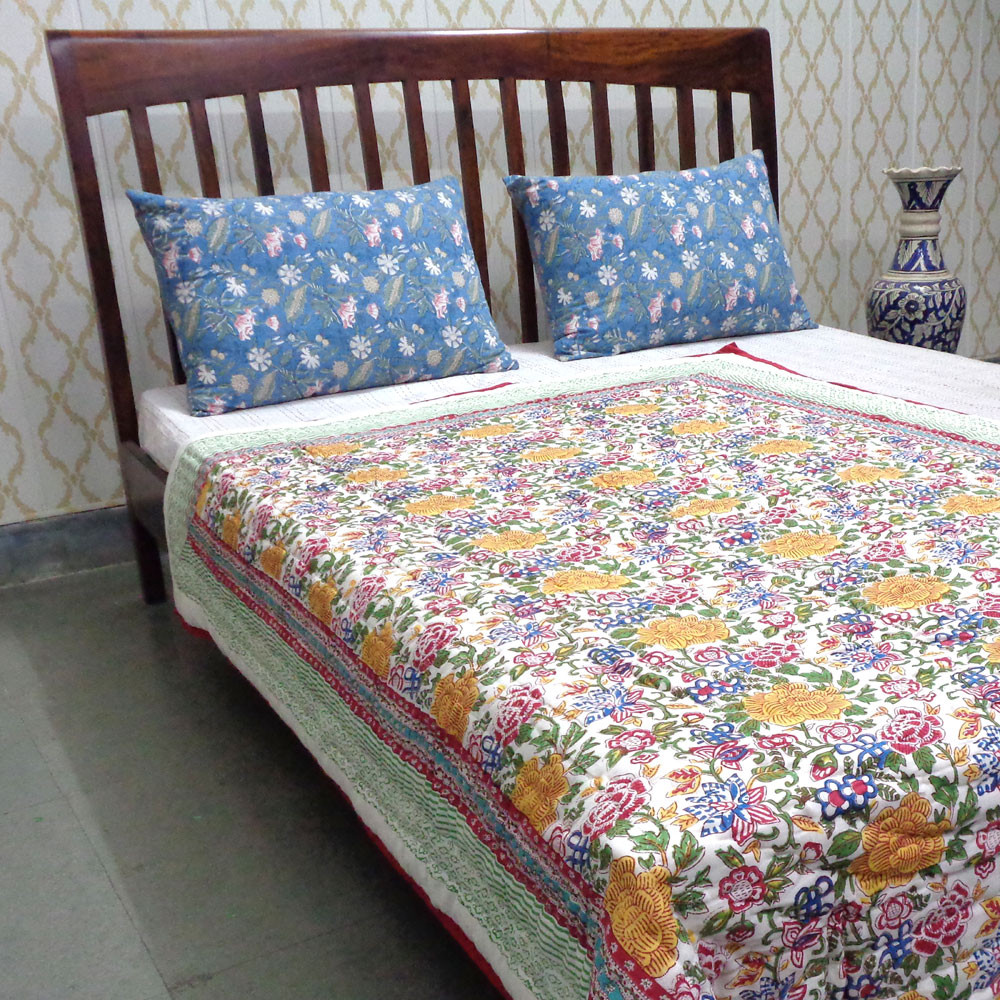 Hand Block Printed Cotton Twin Size Quilt Floral Canvas Blue Jade Gud Red 206865