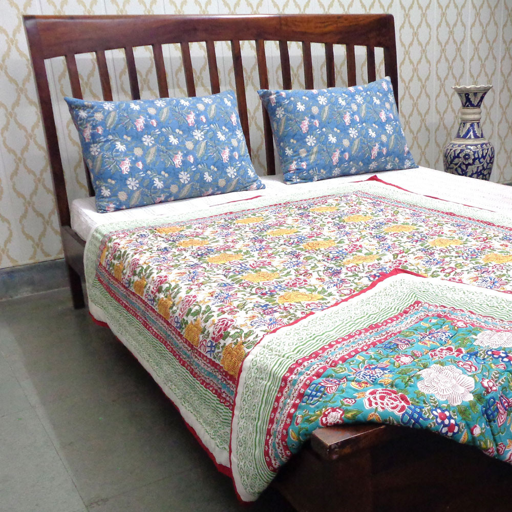 Hand Block Printed Cotton Twin Size Quilt Floral Canvas Blue Jade Gud Red 206865