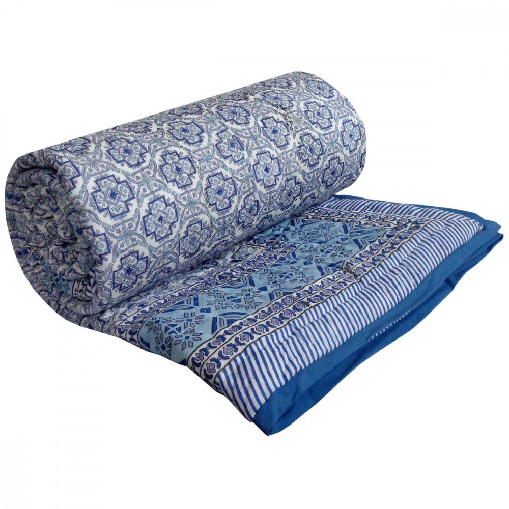Image of Hand Block Printed Cotton Twin Size Quilt | Geo Cross Blue 906779