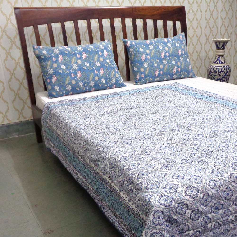 Hand Block Printed Cotton Twin Size Quilt Geo Cross Blue 906779