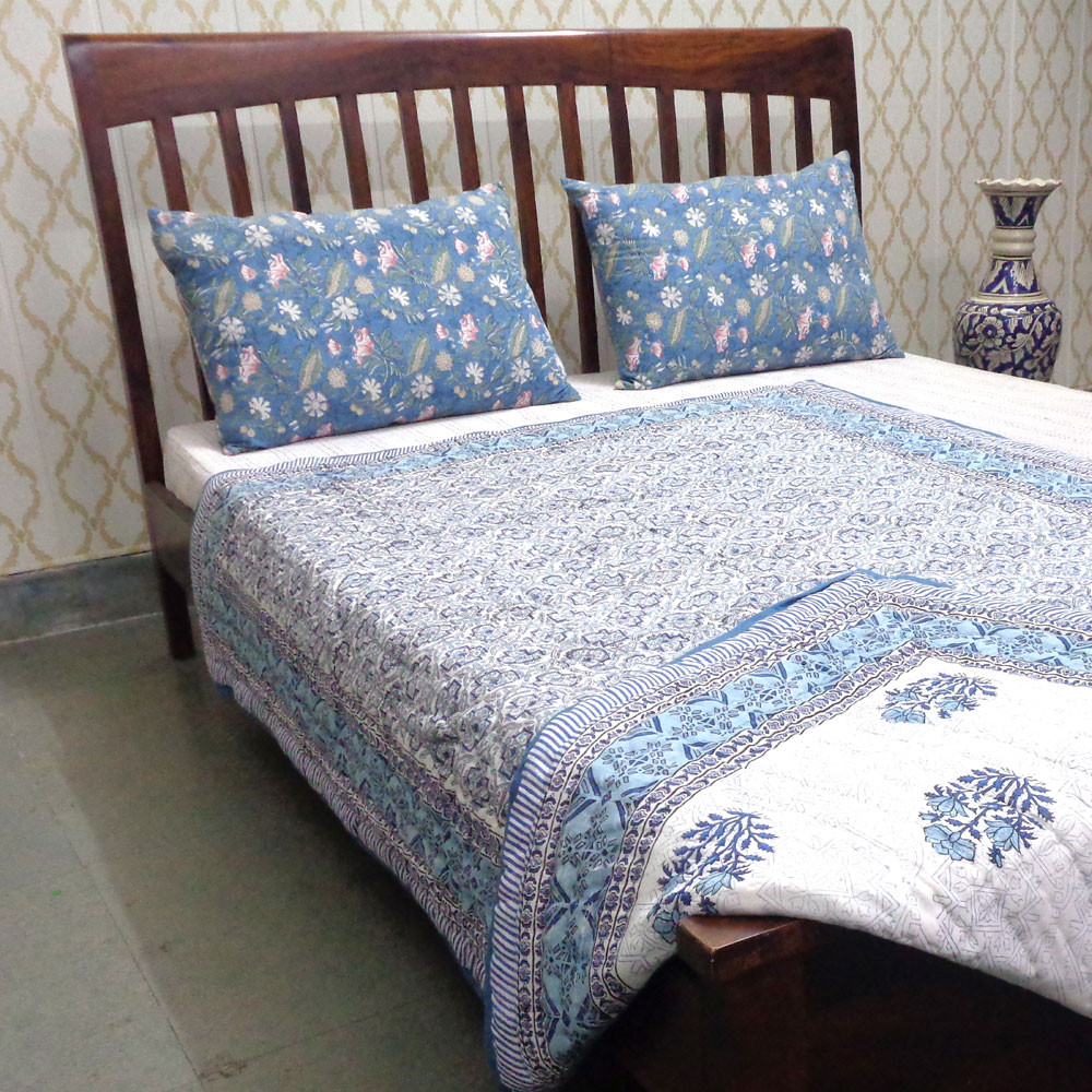 Hand Block Printed Cotton Twin Size Quilt Geo Cross Blue 906779