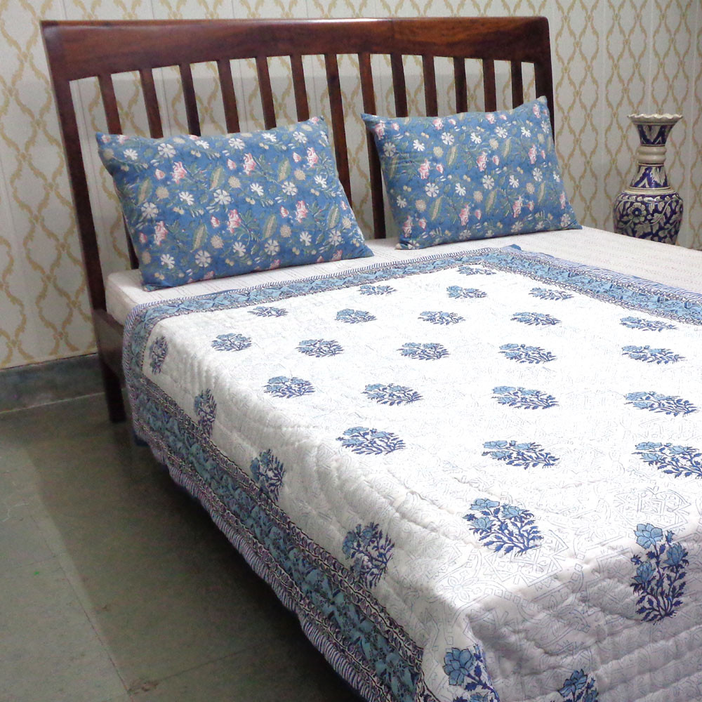 Hand Block Printed Cotton Twin Size Quilt Geo Cross Blue 906779