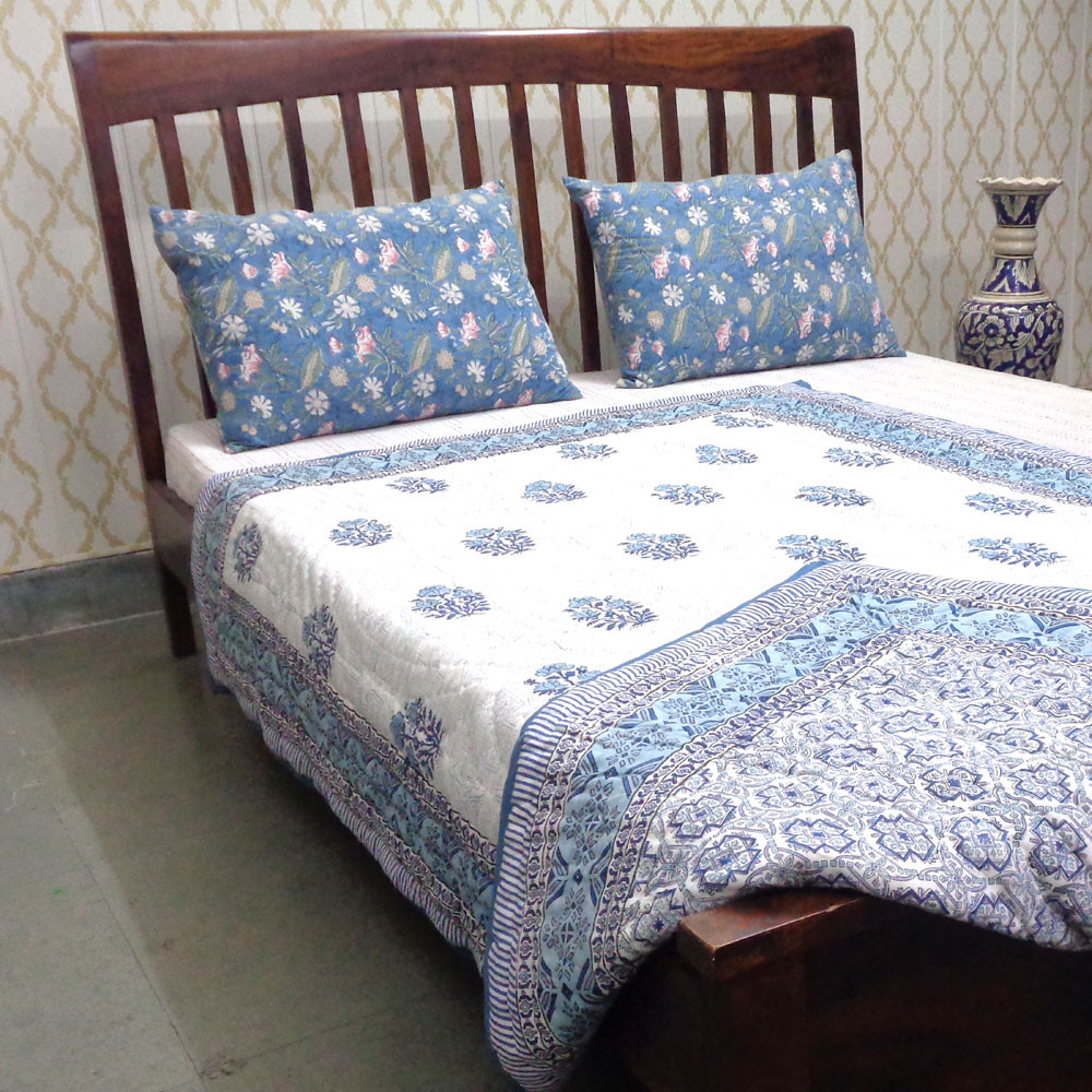 Hand Block Printed Cotton Twin Size Quilt Geo Cross Blue 906779