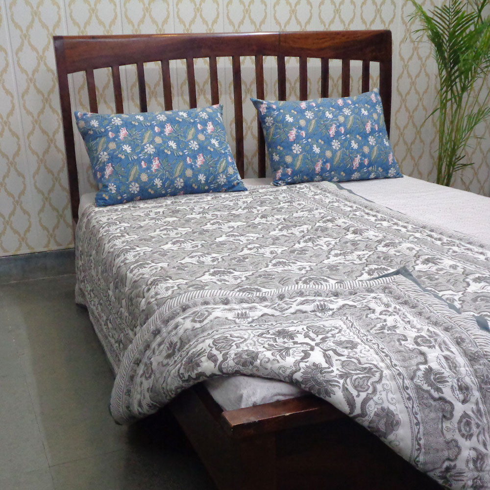 Hand Block Printed Cotton Twin Size Quilt Grey Boota Patti 501068