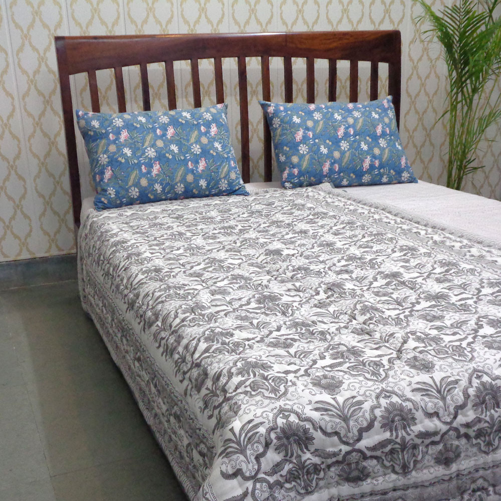 Hand Block Printed Cotton Twin Size Quilt Grey Boota Patti 501068