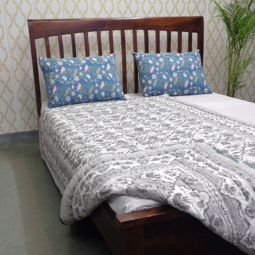 Hand Block Printed Cotton Twin Size Quilt Grey Boota Patti 501068