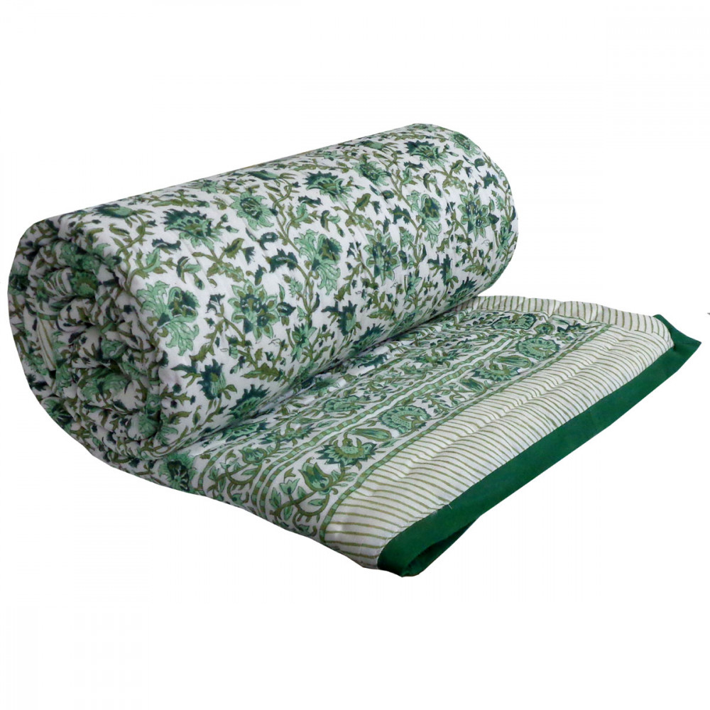 Image of Hand Block Printed Cotton Twin Size Quilt | Hari Bagia Jaal 605170