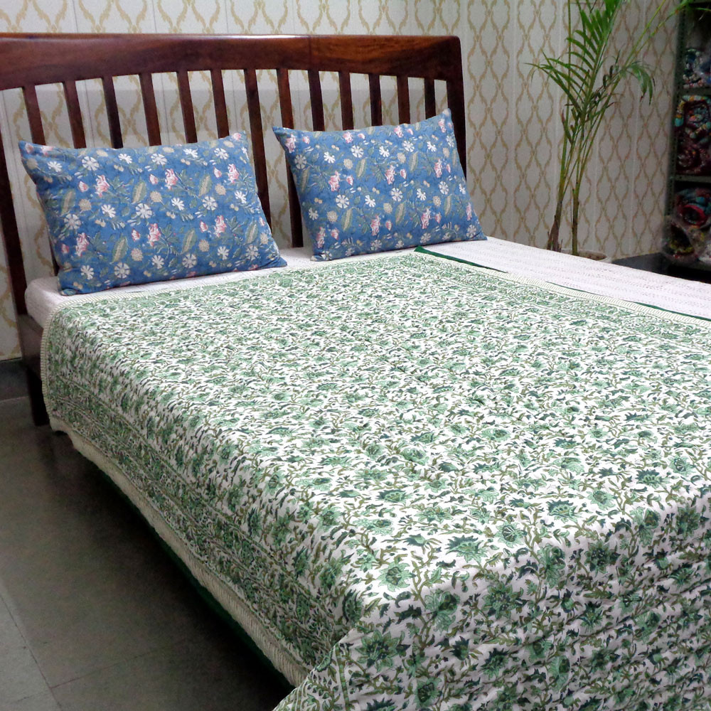 Hand Block Printed Cotton Twin Size Quilt Hari Bagia Jaal 605170
