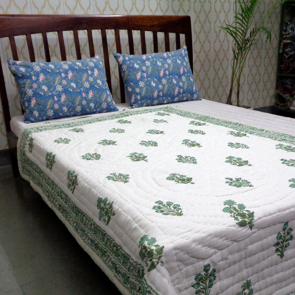 Hand Block Printed Cotton Twin Size Quilt  Hari Bagia Jaal 605170