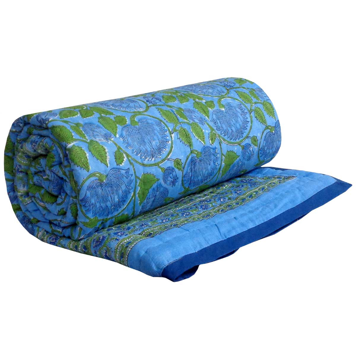 Hand Block Printed Cotton Twin Size Quilt Kamal Aqua 102028