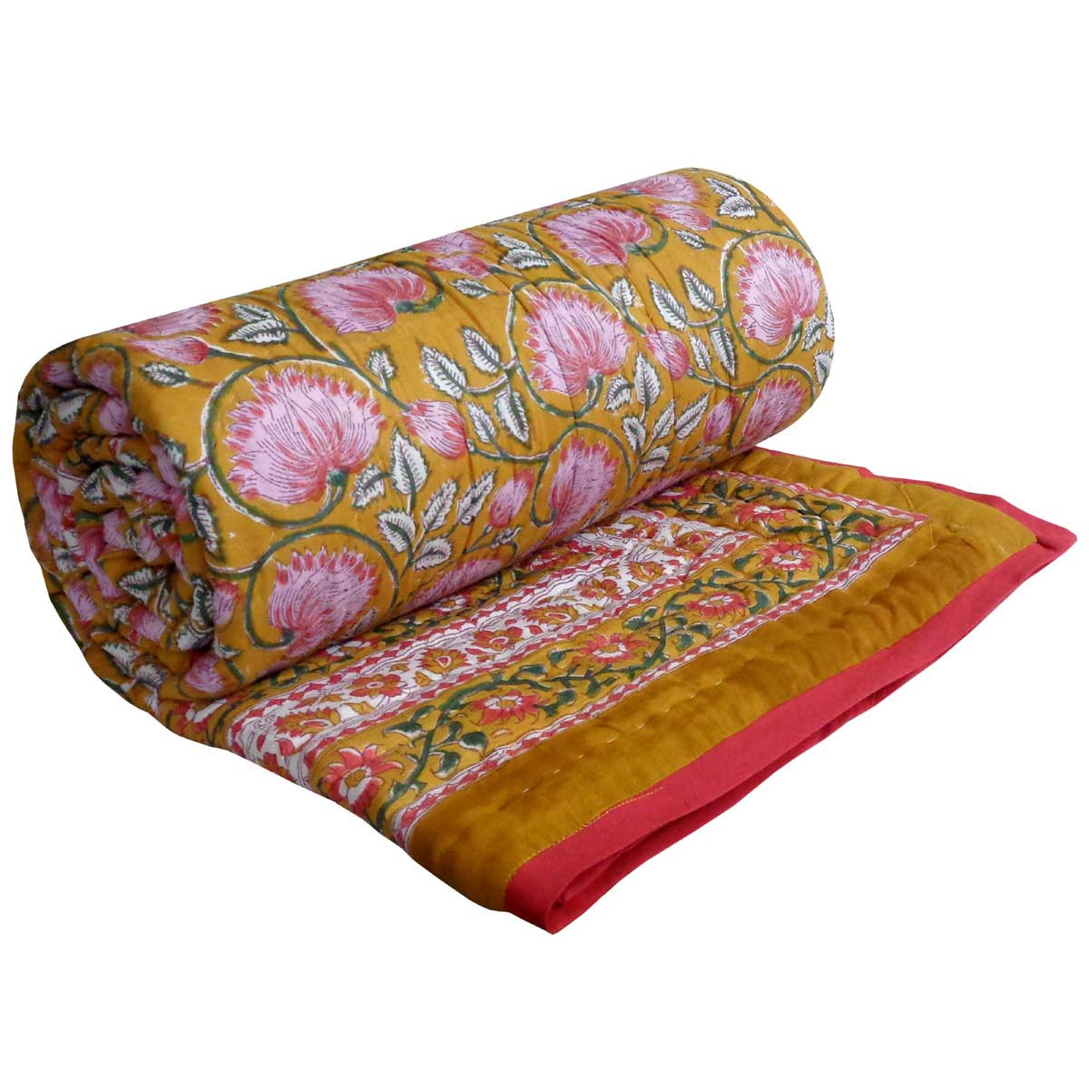 Hand Block Printed Cotton Twin Size Quilt Kamal Mustard 102238