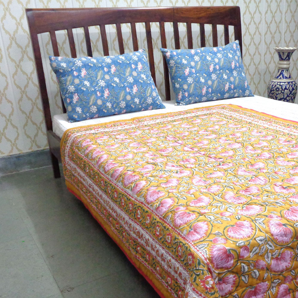 Hand Block Printed Cotton Twin Size Quilt Kamal Mustard 102238