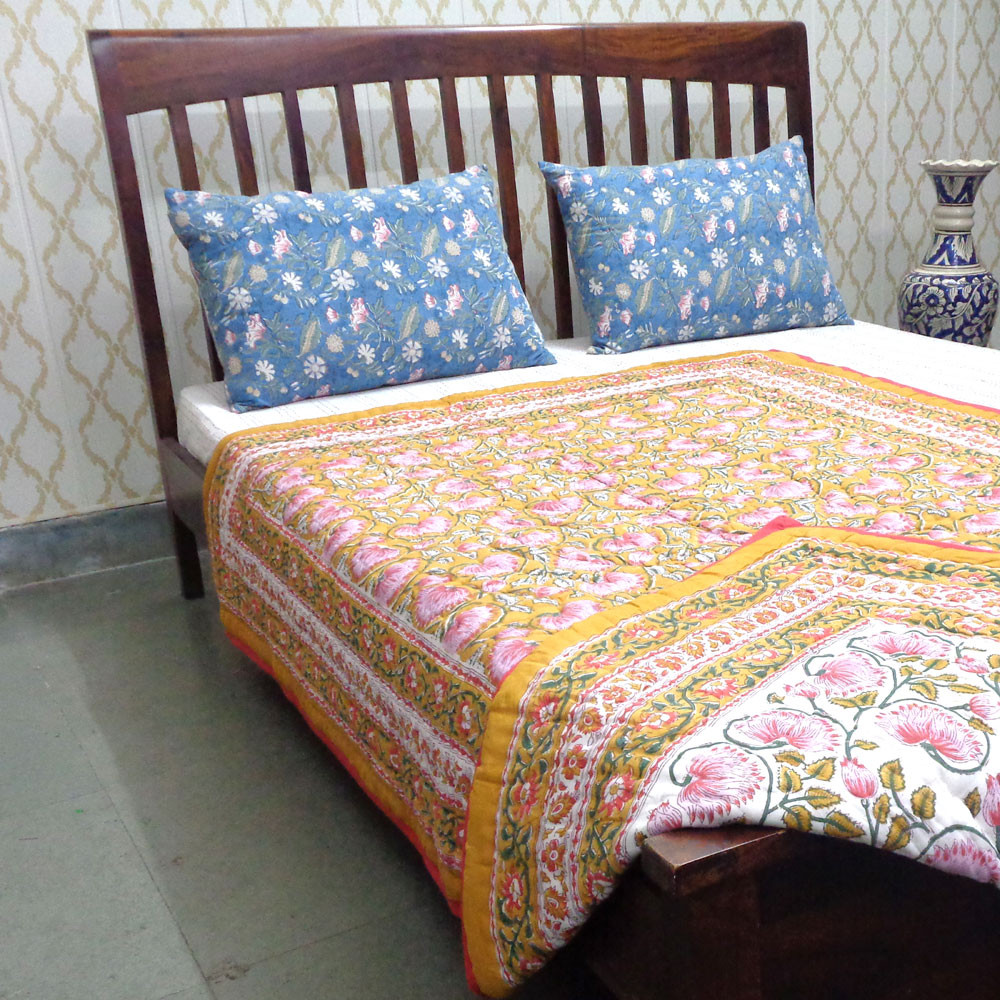 Hand Block Printed Cotton Twin Size Quilt Kamal Mustard 102238