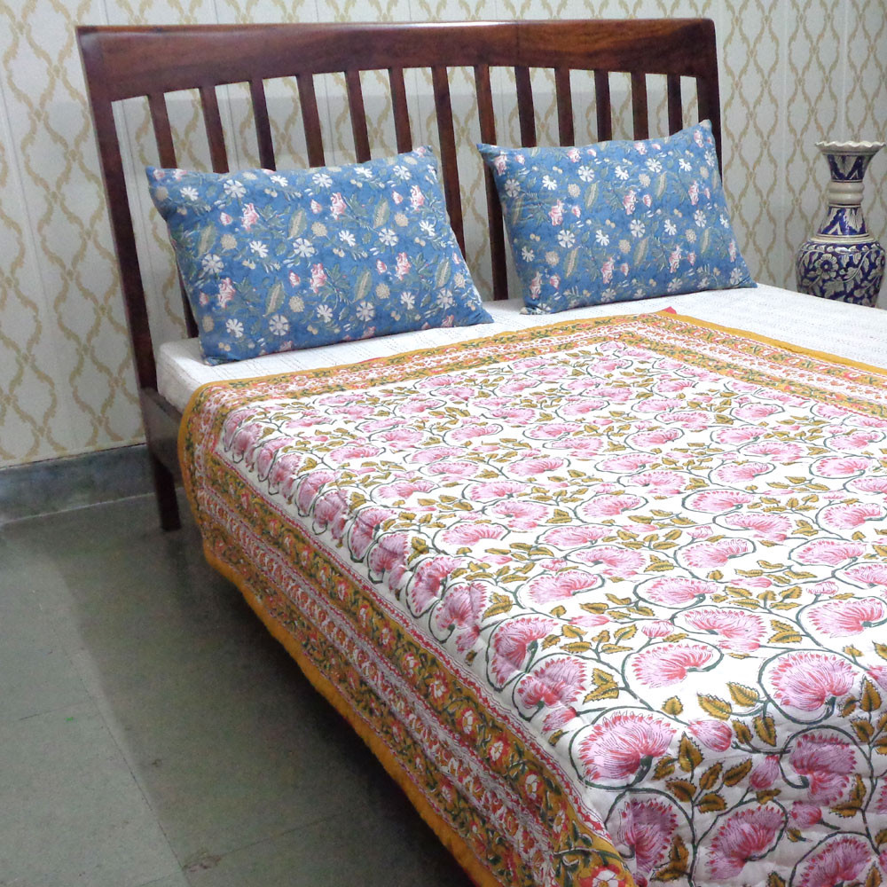 Hand Block Printed Cotton Twin Size Quilt Kamal Mustard 102238