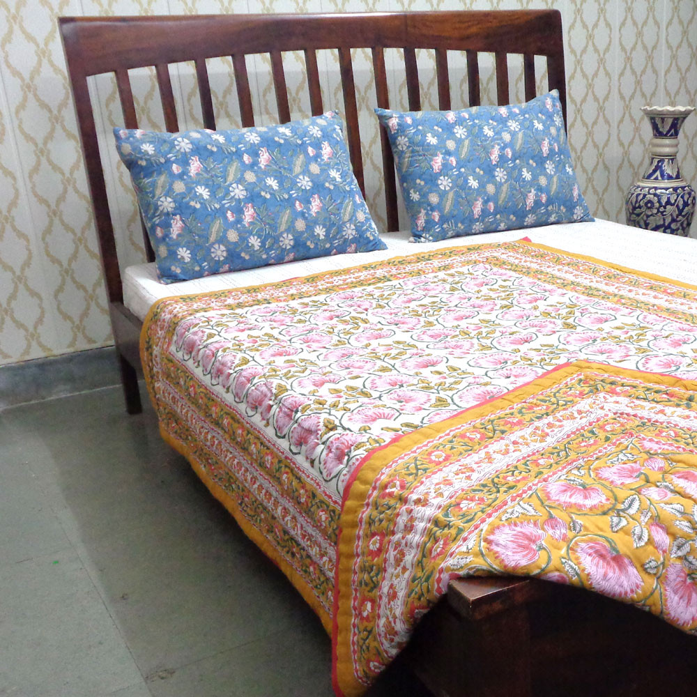 Hand Block Printed Cotton Twin Size Quilt Kamal Mustard 102238