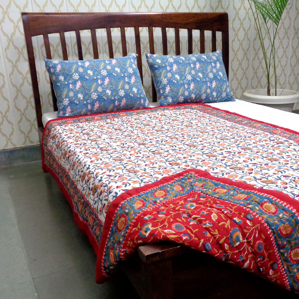 Hand Block Printed Cotton Twin Size Quilt Kashida Red 303581
