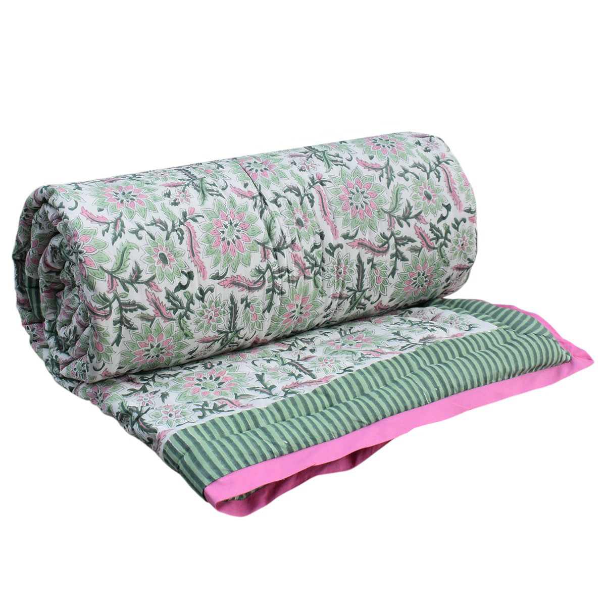 Hand Block Printed Cotton Twin Size Quilt Madhubala Green 202526