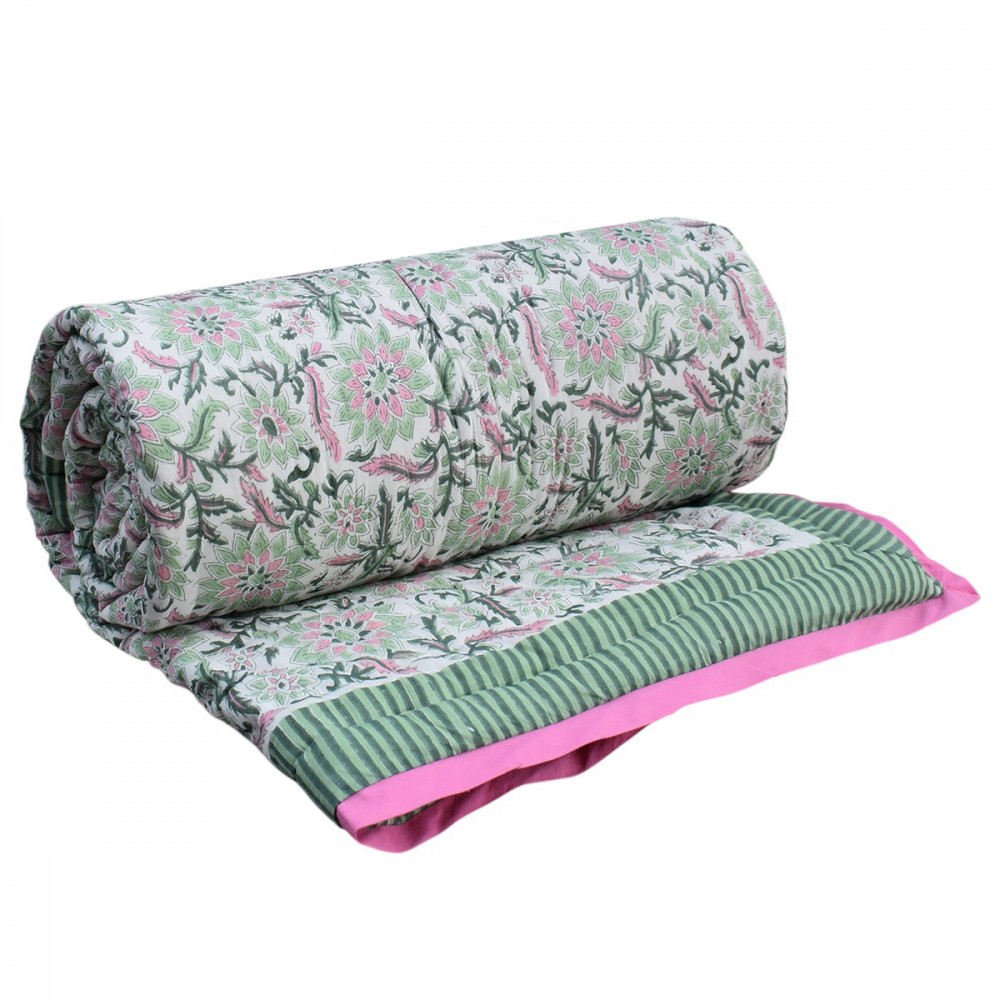 Image of Hand Block Printed Cotton Twin Size Quilt | Madhubala Green 202526