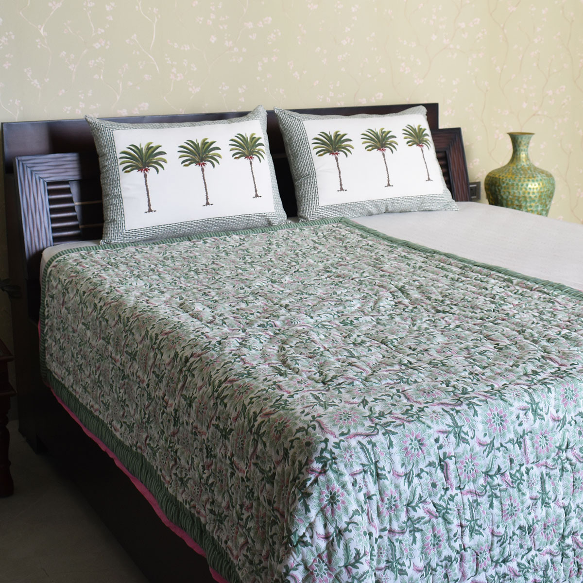 Hand Block Printed Cotton Twin Size Quilt Madhubala Green 202526