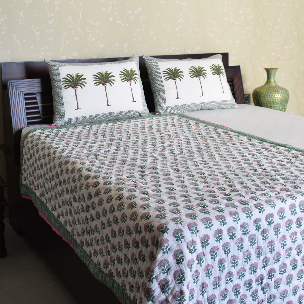 Hand Block Printed Cotton Twin Size Quilt Madhubala Green 202526