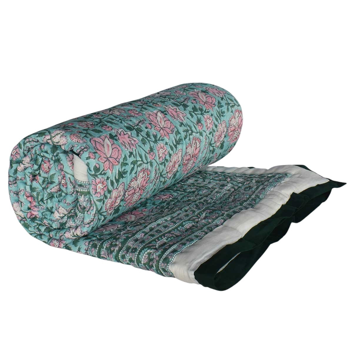 Hand Block Printed Cotton Twin Size Quilt Mohini Green Gud 620605