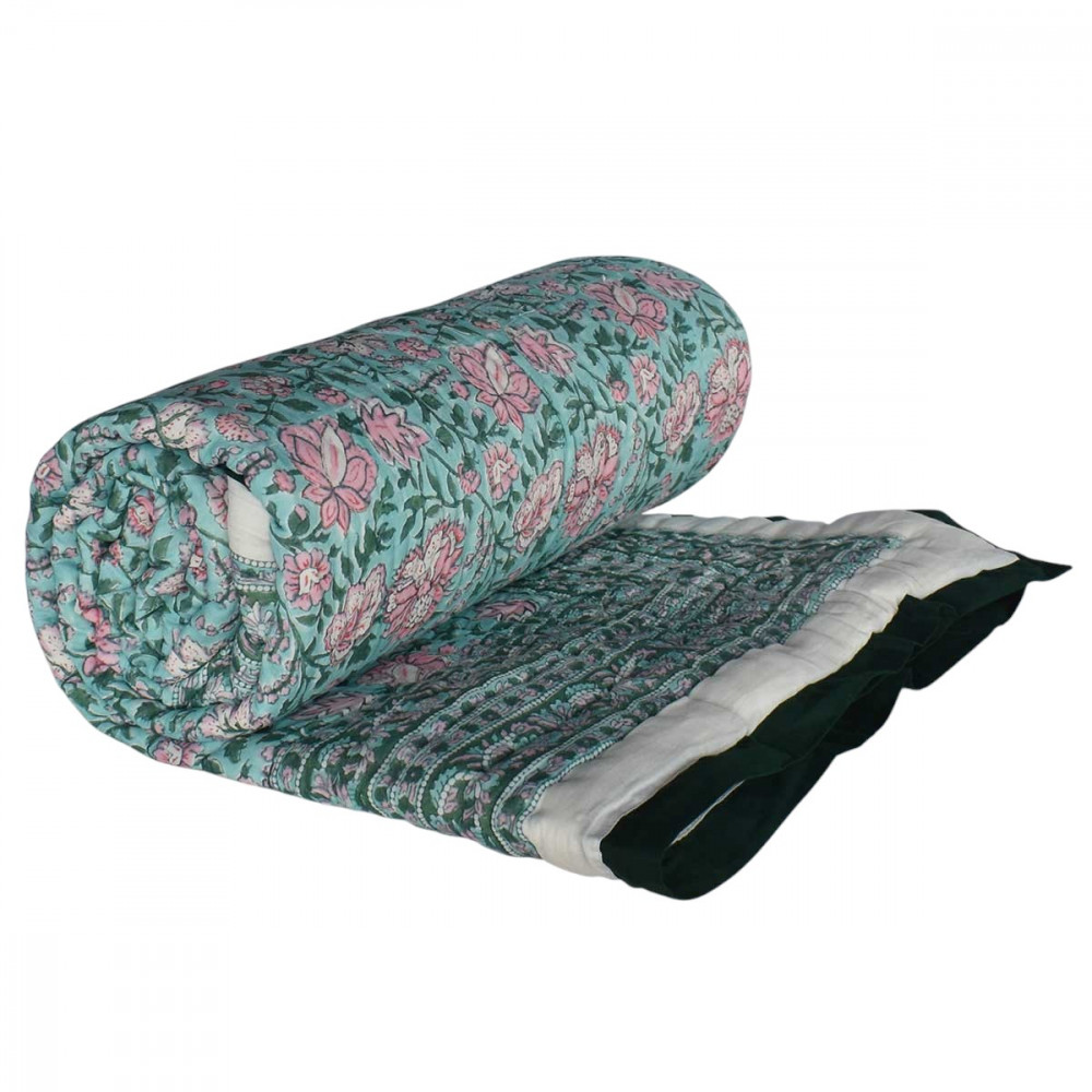 Image of Hand Block Printed Cotton Twin Size Quilt | Mohini Green Gud 620605