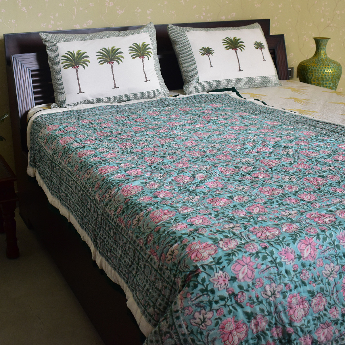 Hand Block Printed Cotton Twin Size Quilt Mohini Green Gud 620605
