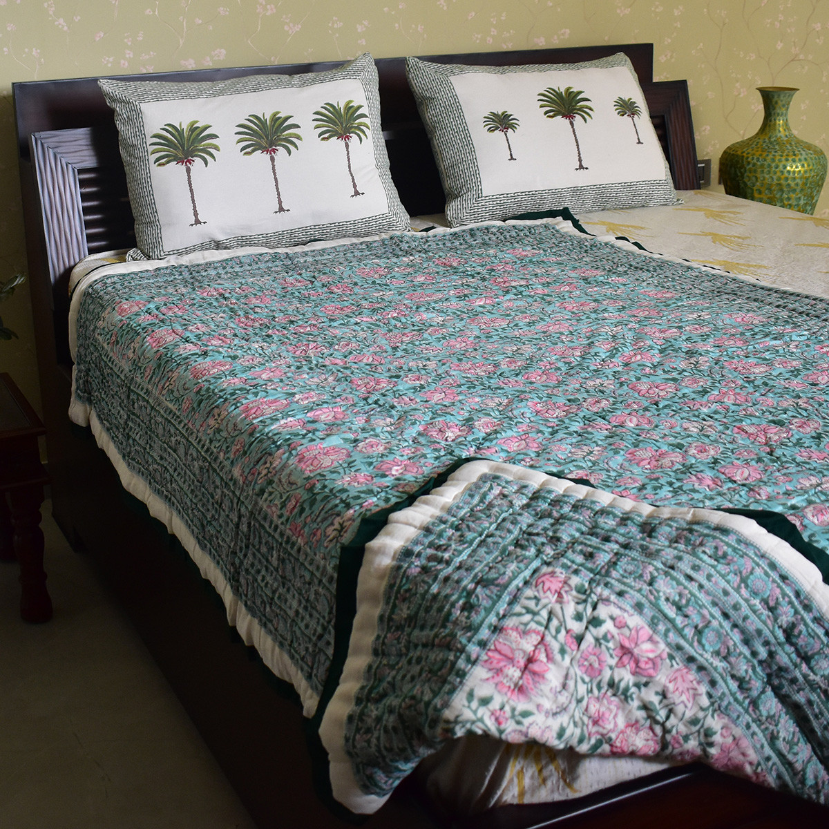 Hand Block Printed Cotton Twin Size Quilt Mohini Green Gud 620605