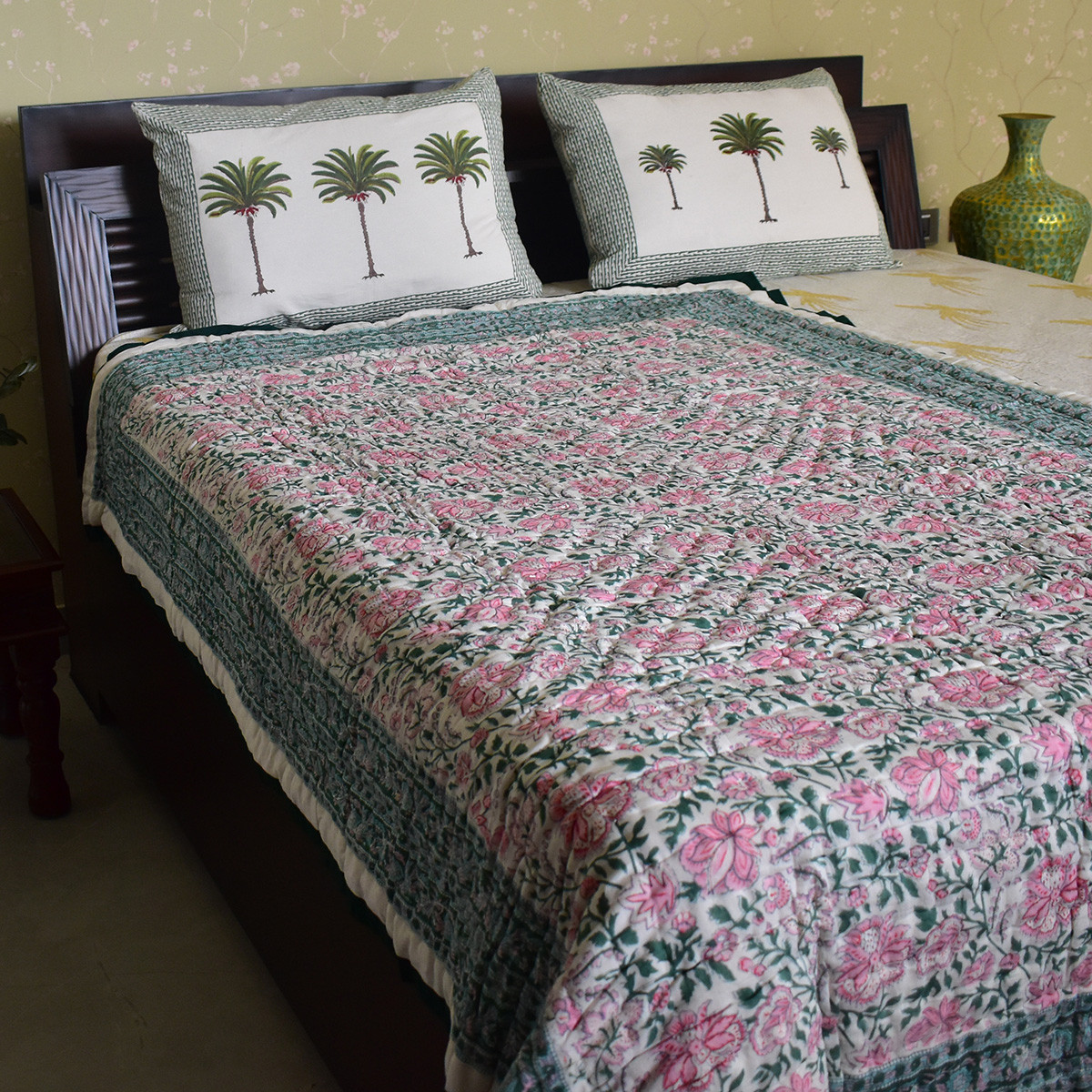 Hand Block Printed Cotton Twin Size Quilt Mohini Green Gud 620605